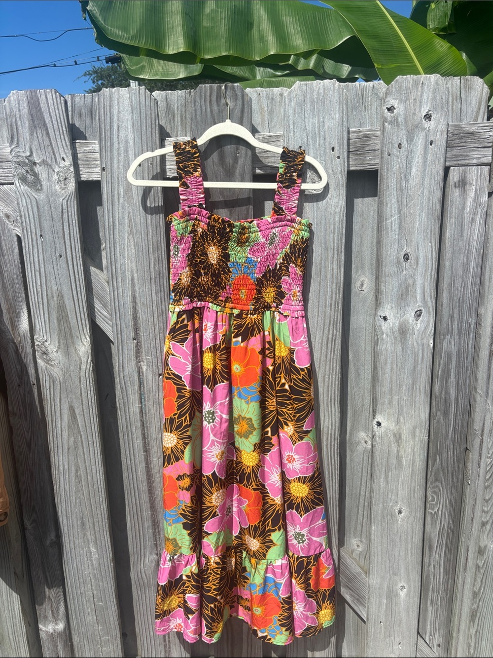 fab'rik Brown Floral Smocked Midi Dress with Pink & Orange Blooms size small